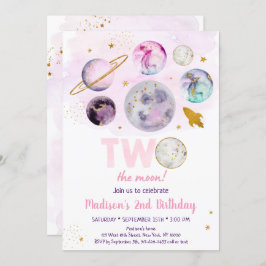 Invitación Galaxy Two The Moon Pink Gold Space Birday