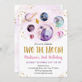Invitación Galaxy Two The Moon Pink Gold Space Birday
