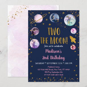 Invitación Galaxy Two The Moon Pink Gold Space Birday