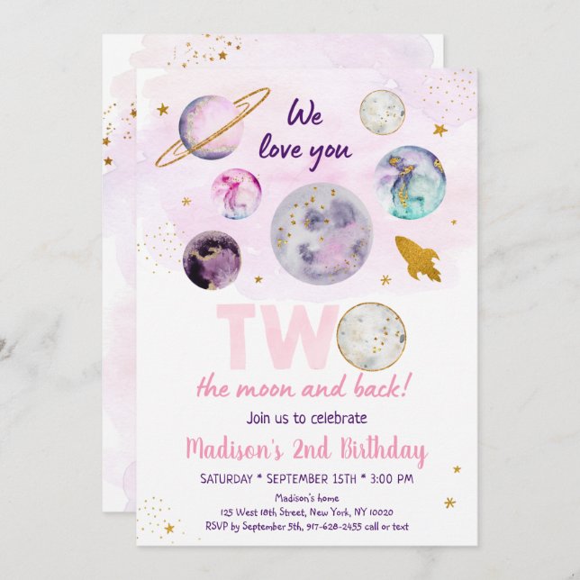 Invitación Galaxy Two The Moon Pink Gold Space Birday (Anverso / Reverso)
