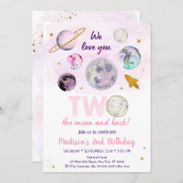 Invitación Galaxy Two The Moon Pink Gold Space Birday