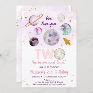 Invitación Galaxy Two The Moon Pink Gold Space Birday