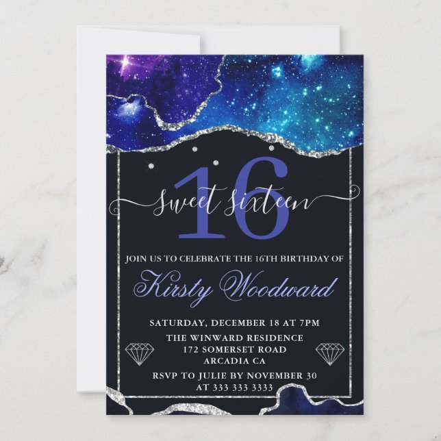Invitación Galaxy y Faux Silver Purpurina Agate Sweet 16 (Anverso)