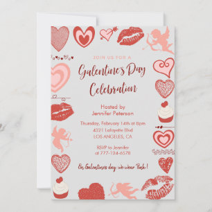 Invitación galentina corazones de brunch rosados y