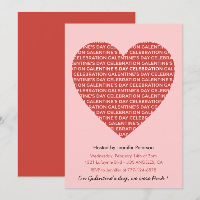 Invitación galentina de San Valentín rosa y rojo (Anverso / Reverso)