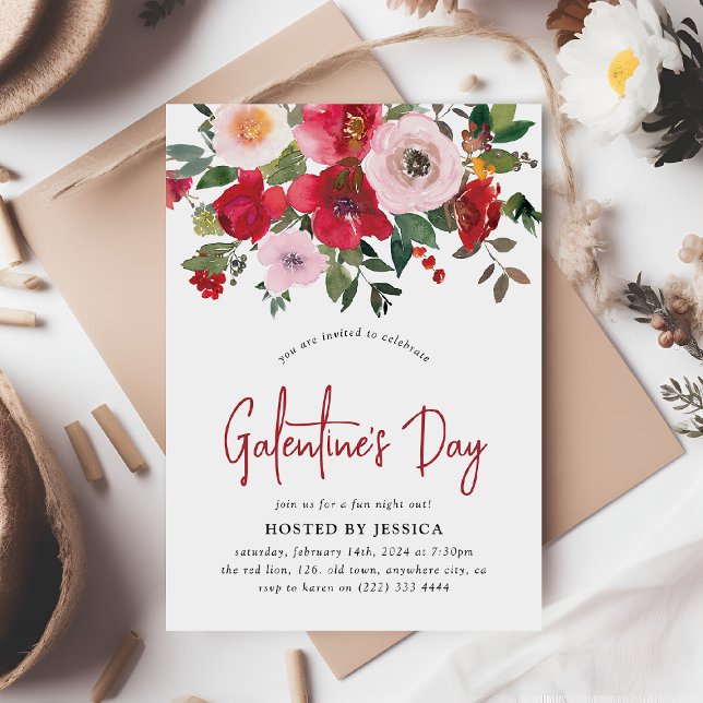 Invitación Galentina floral rosa y roja (Subido por el creador)
