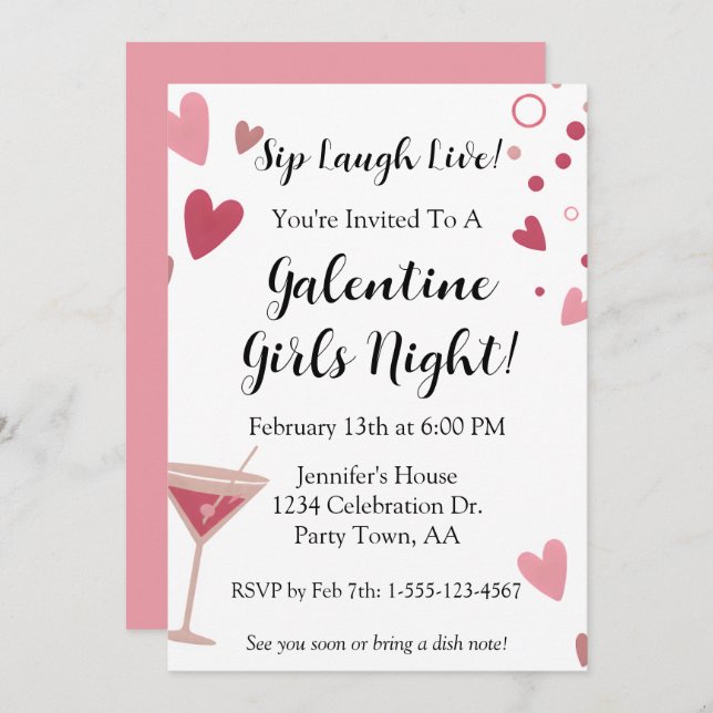 Invitación Galentine Girls Night Out Martini Pink (Anverso / Reverso)