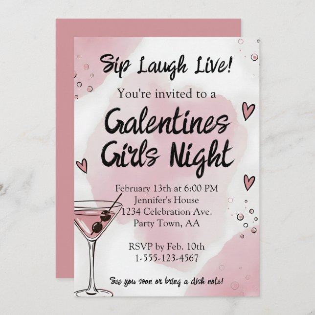 Invitación Galentine Girls Night Out Martini Pink and Black (Anverso / Reverso)