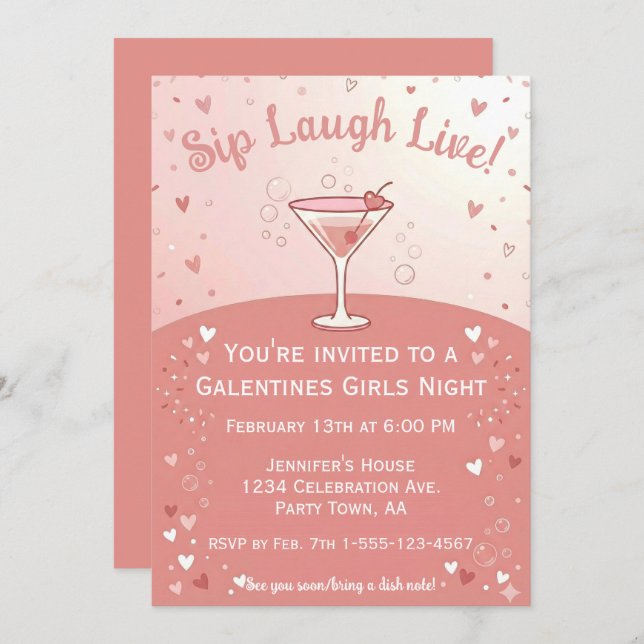 Invitación Galentine Girls Night Out Sip Laugh Live in Pink  (Anverso / Reverso)