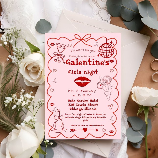 Invitación Galentine Hand dibujó a Fiesta de noche de Chicas  (Subido por el creador)