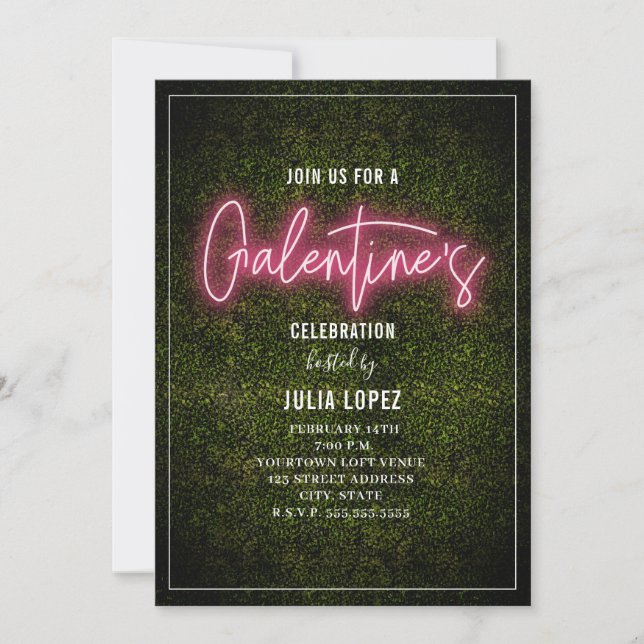 Invitación Galentine Neon Script Boxwood Valentine Fiesta (Anverso)