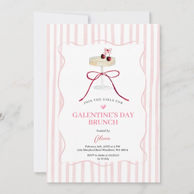 Invitación Galentine’s Day Brunch Invitation | Pink Stripe (Anverso)