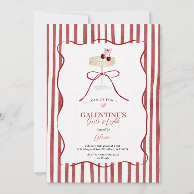 Invitación Galentine’s Girls Night Red Cherry Invitation (Anverso)
