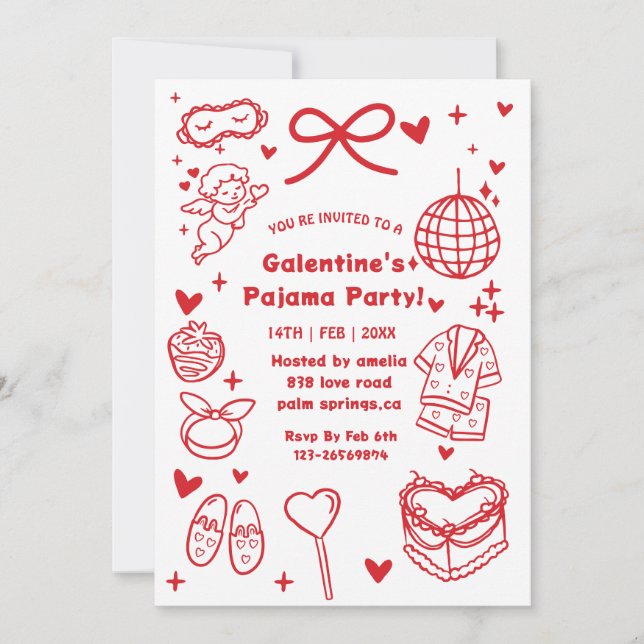 Invitación Galentine’s Pajama, Night Valentine Hand Drawn  (Anverso)