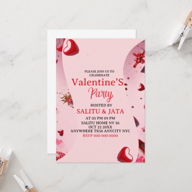 Invitación Galentine’s Party Invitation, Pink Heart & Bow Bir (Anverso/Reverso In Situ)