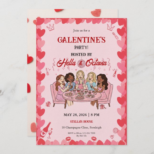 Invitación Galentine’s Party Invitation Printable, Pink & Red (Anverso / Reverso)