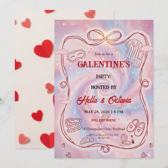 Invitación Galentine’s Party Invitation Printable, Pink & Red (Anverso / Reverso)