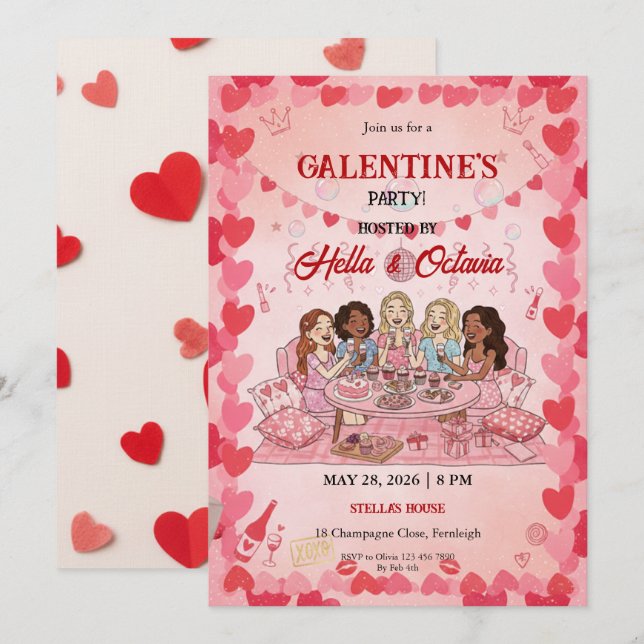 Invitación Galentine’s Party Invitation Printable, Pink & Red (Anverso / Reverso)
