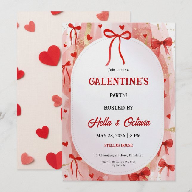 Invitación Galentine’s Party Invitation Printable, Pink & Red (Anverso / Reverso)