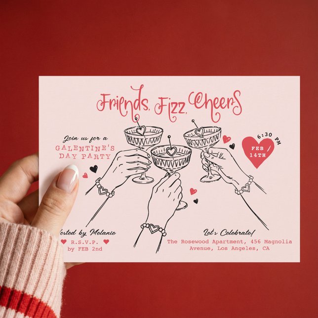 Invitación Galentine’s Pink Red Hand Drawn Cocktail Party (Galentine’s Pink Red Hand Drawn Cocktail Party Invitation)