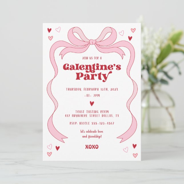 Invitación Galentine's Day Brunch Fiesta Pink Bow (Anverso de pie)