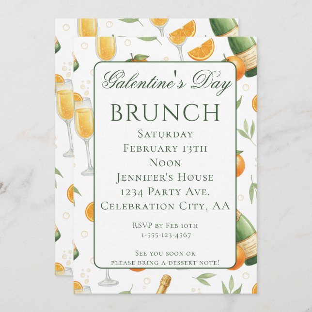 Invitación Galentines Day Brunch Mimosas Elegant (Anverso / Reverso)