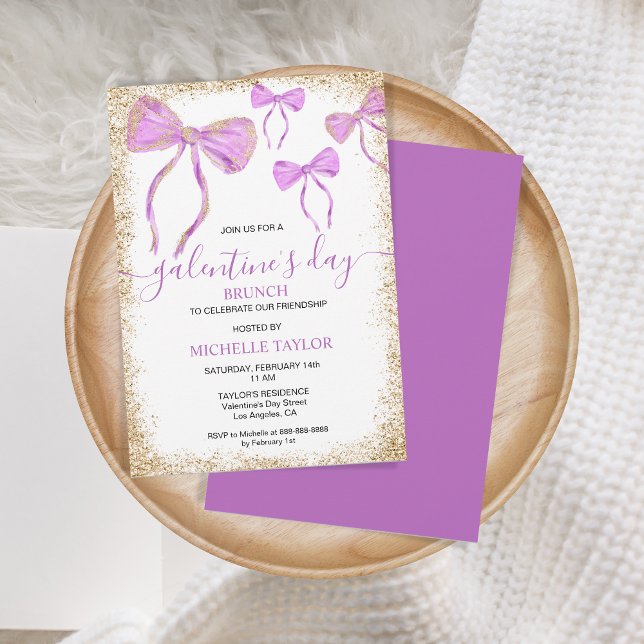 Invitación Galentine's Day Brunch Purpurina Gold Purple Bows (purple glitter gold bow)