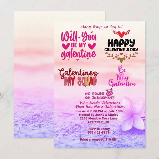 Invitación Galentine's Day cita a la Fiesta de amistad entre  (Anverso / Reverso)