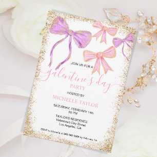 Invitación Galentines Day Fiesta Purpurina Gold Pink Bows