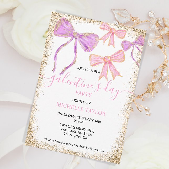 Invitación Galentines Day Fiesta Purpurina Gold Pink Bows (pink and purple watercolor bows)