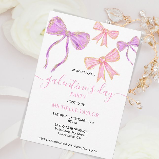 Invitación Galentines Day Fiesta Purpurina Gold Pink Bows (Subido por el creador)