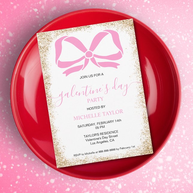 Invitación Galentines Day Fiesta Purpurina Gold Pink Bows (Subido por el creador)