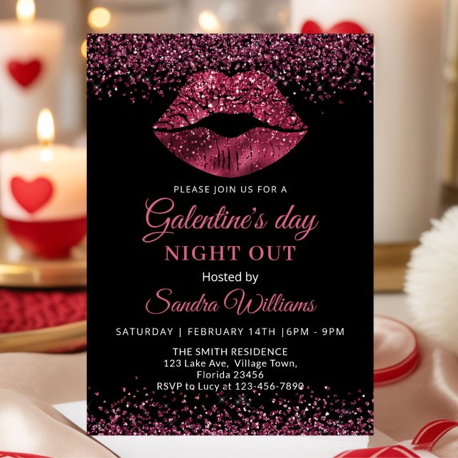 Invitación Galentine's Day Night Out Burgundy Lipstick (Burgundy Glitter Lipstick Galentine's day party invitation)