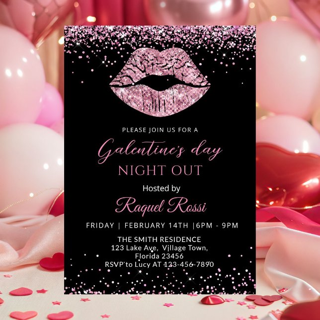 Invitación Galentine's Day Night Out Pink Glitter Lips (Galentine's Day Night Out Pink Glitter Lip Invitation)
