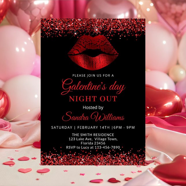 Invitación Galentine's Day Night Out Red Glitter Lips (Red Glitter Lipstick Galentine's Day night out invitation)