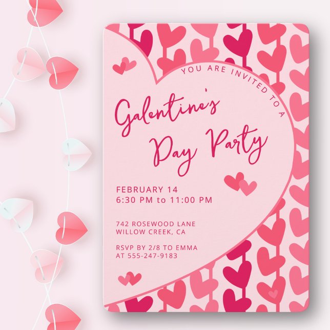 Invitación Galentine's Day Party Red Pink Hearts Modern  (Bold pink & red for the perfect girls’ night. Fully customizable party details.)