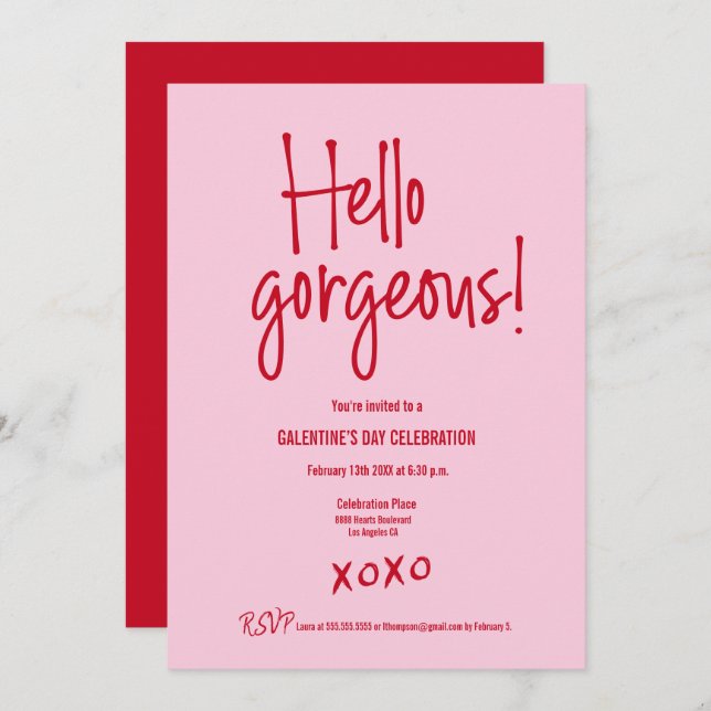 Invitación Galentine's Day PINK RED Hello gorgeous XOXO (Anverso / Reverso)