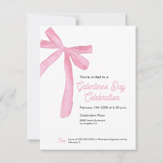 Invitación Galentine's day Pink Ribbon Bow Girly modern (Anverso)