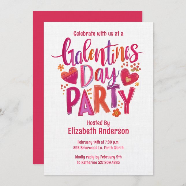 Invitación Galentines Day Red hand drawn Party Invitation (Anverso / Reverso)