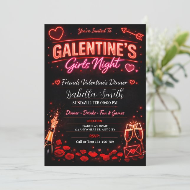 Invitación Galentine's Girls Night‚Friends Valentine’s Dinner (Anverso de pie)