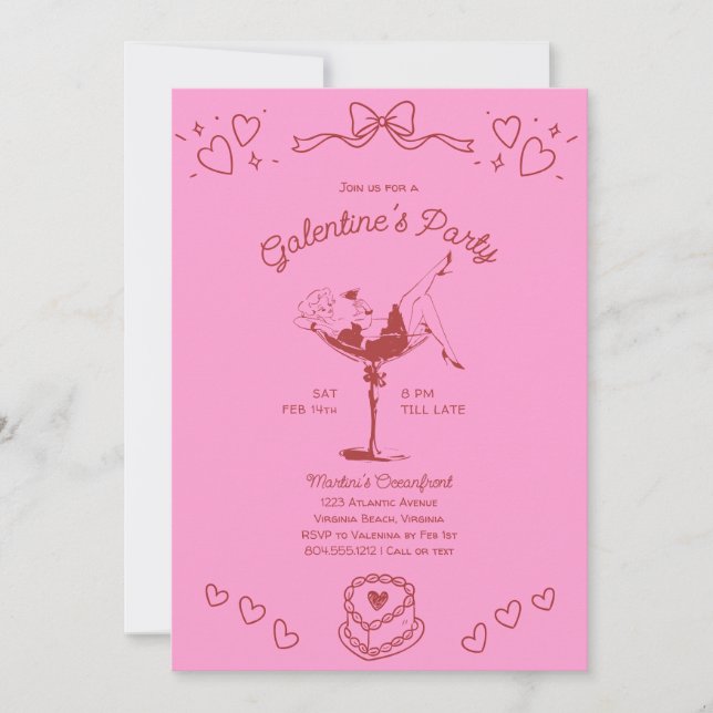 Invitación Galentines Girls Night Party Hand Drawn Pink Red  (Anverso)