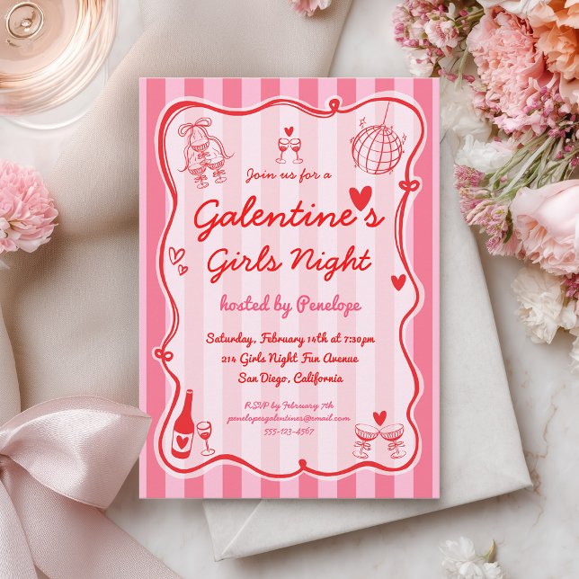 Invitación Galentine's Girls Night Pink Red Hand Drawn Party (Subido por el creador)