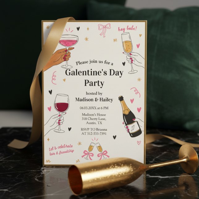 Invitación Galentines Hey Babe Marco Dorado (A trendy Galentine's Day invitation with gold frame border)