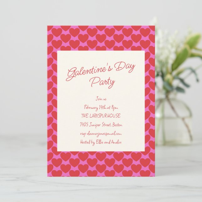 Invitación Galentine's Party Pink and Red Heart Valentine (Anverso de pie)