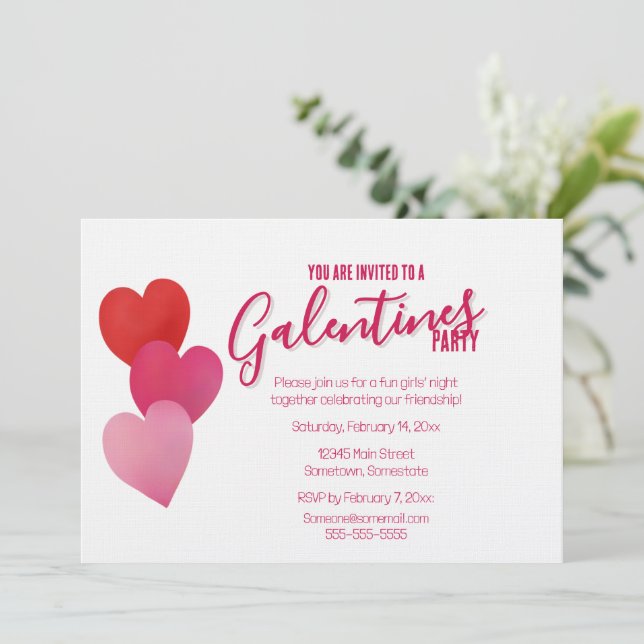 Invitación Galentines Party with 3 Hearts (Anverso de pie)