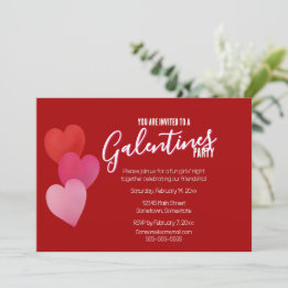 Invitación Galentines Party with 3 Hearts on Red