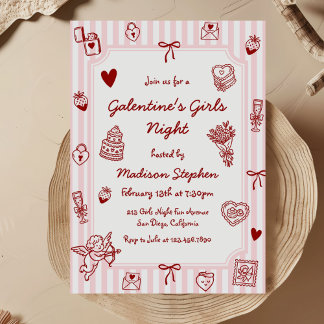 Invitación Galentine's Pink Red Hand Drawn Girls Night Party