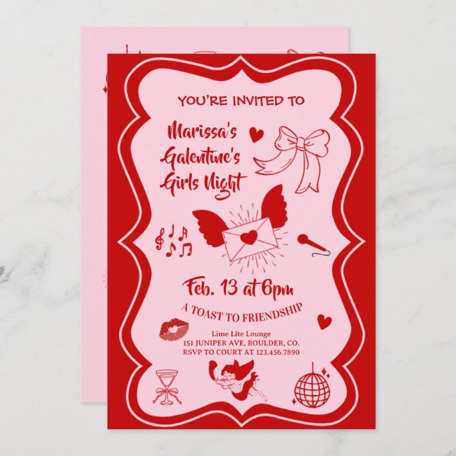 Invitación Galentine's Pink Red Hand Drawn Night Party (Anverso / Reverso)