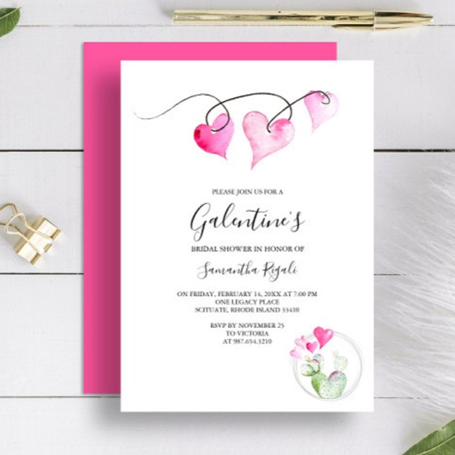 Invitación Galentines Temática Bridal Shower (Bridal shower invitation for Valentine's Day features watercolor pink hearts and cactus Victoria )