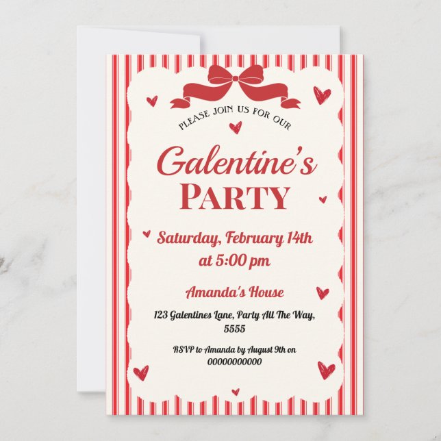 Invitación Galentines Valentines Fiesta Coquette Bow Red Hear (Anverso)